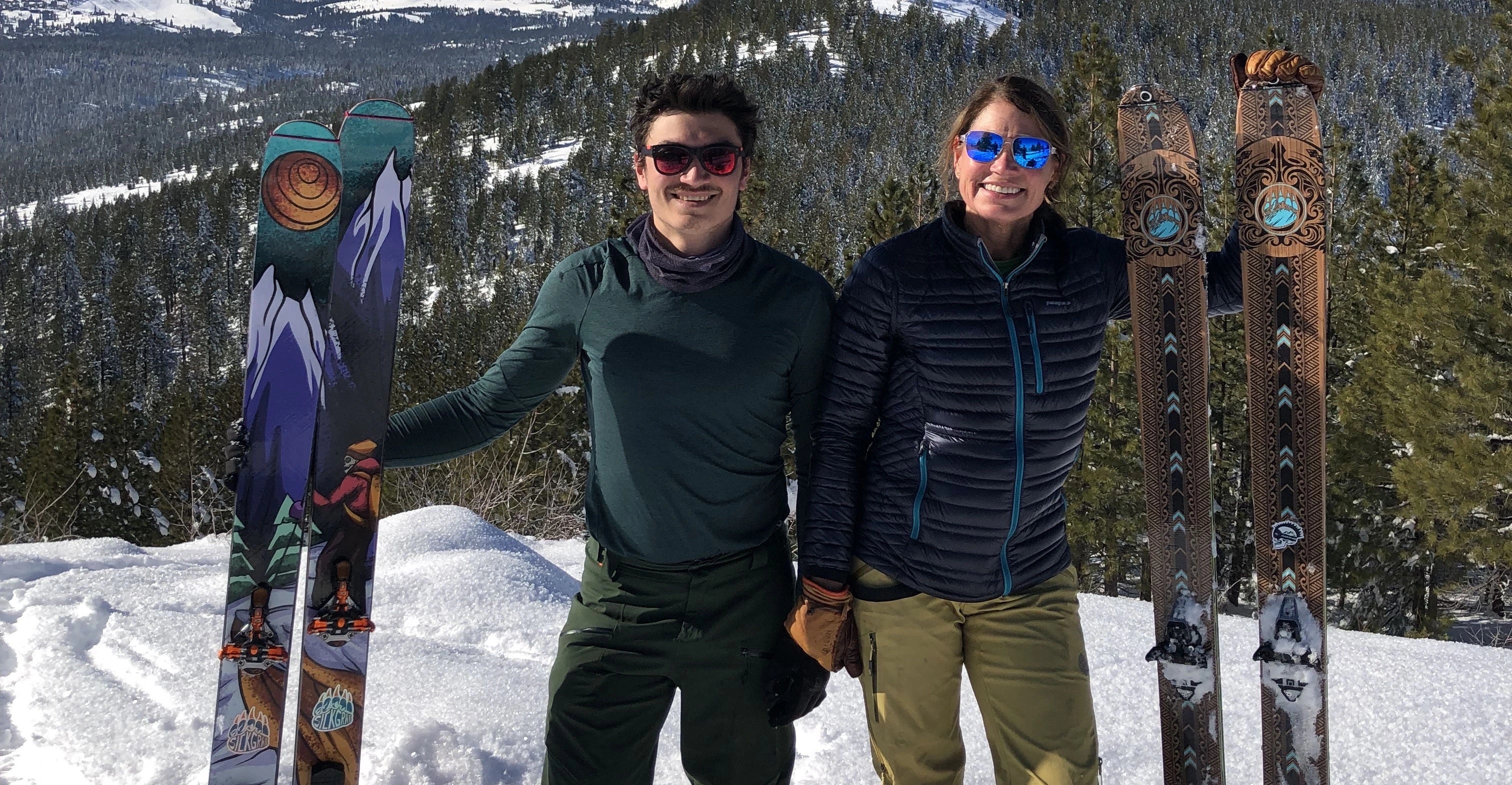 A skier and snowboarder in snow showing off custom ski wrap and custom snow wrap from Sick Grab